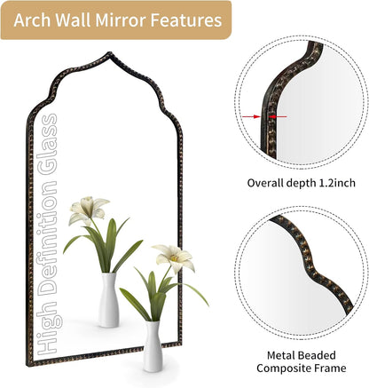 Arch Wall Mirror, 22" W x 38" H Marlowe Mirror, Metal Beaded Frame Large Modern Mirror,Antique Black