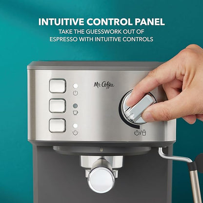Mr. Coffee Compact Espresso Maker, Espresso Machine With Steam Wand, 15-Bar Pump Automatic Espresso Machine