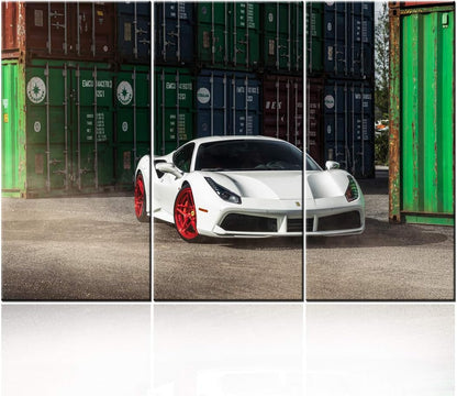 TUMOVO Classic Car Canvas Wall Art Framed White Ferrari Boys Fast Car Cool Sports Poster 3 Pieces 3D Diamond Print Painting with Frame and Stretched Ready to Hang - 28 x 14inch x 3 Panels