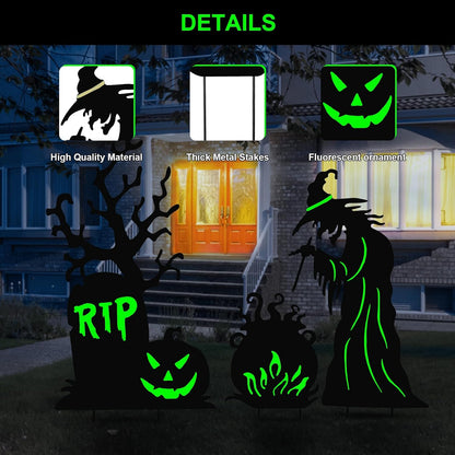Halloween Yard Signs Outdoor Decorations，3 Pack Warerproof Scary Witch Tombstone Cauldron Fluorescent Metal Stakes Glow in The Dark for Lawn Garden Halloween Decor (Witch Tombstone Cauldron)