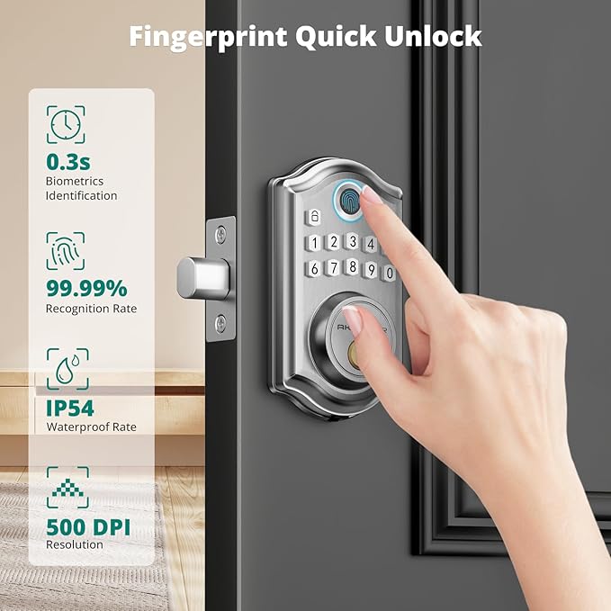 DS10 Pro Keyless Entry Door Lock with APP Control - Fingerprint Electronic Keypad Door Lock, Smart Locks for Front Door, Auto-Lock & One Touch Locking with Bluetooth - Satin Nickel