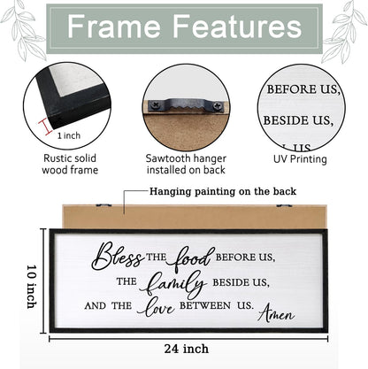Bless the Food Before Us Wall Decor Art 24"X10" for Dining Room Kitchen Wall Wooden Framed Sign (Black)