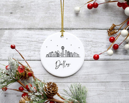 Andaz Press Round Ceramic Porcelain Christmas Tree Ornament Keepsake, Dallas Black and White Stars City Skyline Graphic, 1-Pack, Birthday Gift Ideas for Family Coworker, Includes Gift Box