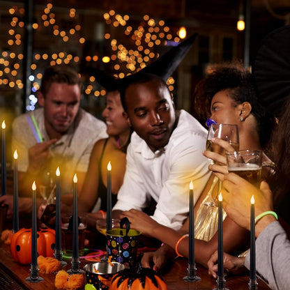 Alphatool 24 Pcs Halloween Black LED Flameless Candles with Bases - Flicker Flame, Tall Taper Smokeless Dripless Candles, Decor for Fireplace Diningtable Bar School