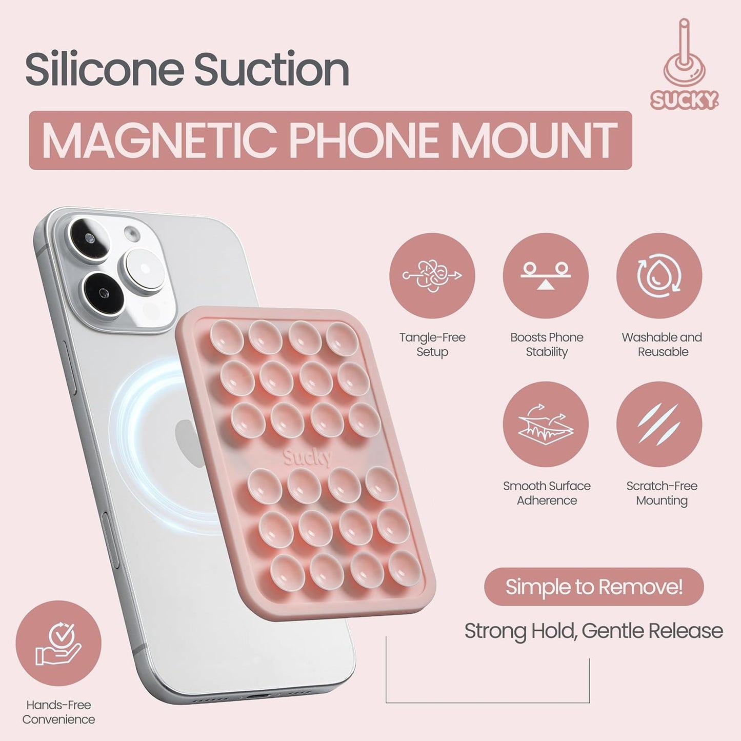 SUCKY Magnetic Suction Cell Phone Grip for MagSafe Case, Silicone Octo Cup Buddy Holder, Hands-Free Removable Mount, Durable Magnet Phone Accessory for iPhone and Android - Chalk Pink