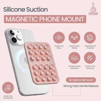 SUCKY Magnetic Suction Cell Phone Grip for MagSafe Case, Silicone Octo Cup Buddy Holder, Hands-Free Removable Mount, Durable Magnet Phone Accessory for iPhone and Android - Chalk Pink