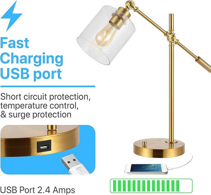 JONATHAN Y 23" Brass Gold 1-Light Iron and Seeded Glass Task Lamp, Modern Industrial Adjustable Desk Lamp with USB Charging Port for Home Office, UL Listed, LED Bulb Included JYL3082A