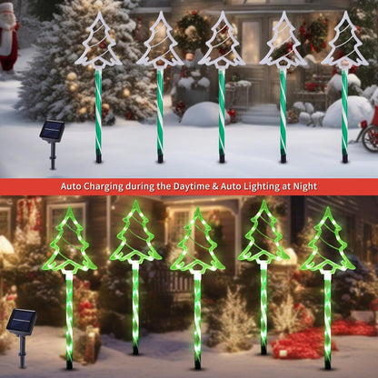 Christmas Solar Pathway Lights Outdoor Decorations， 8 Modes Xmas Tree Candy Lights Waterproof Led Garden Stake Light for Walkway Yard Lawn Porch Holiday Decor 5-Pack (Green Tube Tree, 5 Pack)