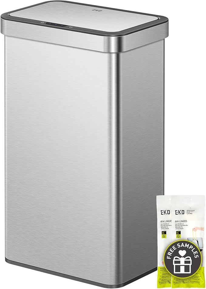 EKO Nova Sensor Trash Can, 21 Gallon/80 Liter Stainless Steel Rectangular Touchless Motion Sensor Trash Can, Matte Metallic