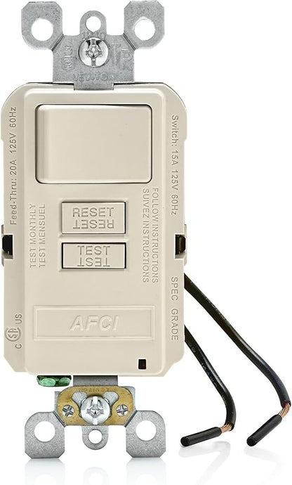 Leviton AFCI/Switch Combination, 15 Amp, Self Test, LED Indicator Light, AFSW1-T, Light Almond