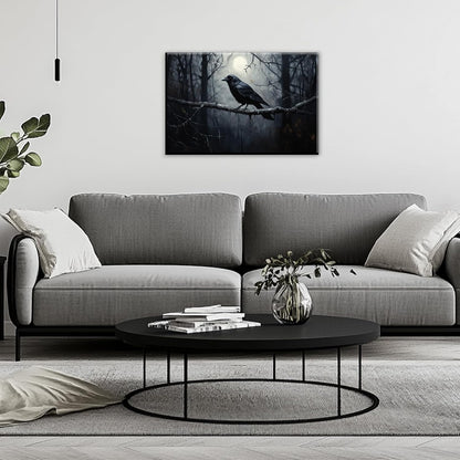 OAAPITI Crow Canvas Wall Art Black Crow Stand On The Branch Picture Print Moonlit Night Poster Vintage Forest Landscape Painting Artwork Living Room Halloween Decor(Artwork-1,16"x24")