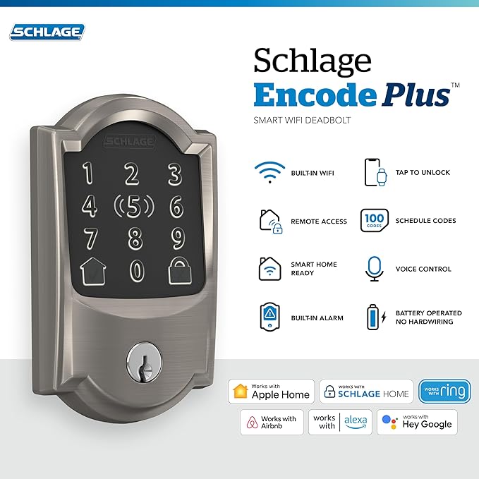 Schlage Encode Plus Smart Wi-Fi Lock for Front Door, Keyless Entry Deadbolt, Unlock with Apple Watch, Built-in WiFi and App Control, Easy Install, Alexa & Apple HomeKit Compatible, Satin Nickel
