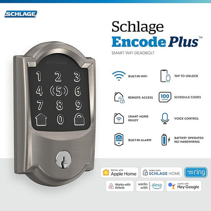 Schlage Encode Plus Smart Wi-Fi Lock for Front Door, Keyless Entry Deadbolt, Unlock with Apple Watch, Built-in WiFi and App Control, Easy Install, Alexa & Apple HomeKit Compatible, Satin Nickel