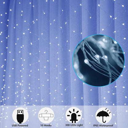 HOME LIGHTING Window Curtain String Lights, 300 LED 8 Lighting Modes Fairy Copper Light with Remote, USB Powered Waterproof for Christmas Bedroom Party Wedding Home Garden Wall Decorations, Cool White