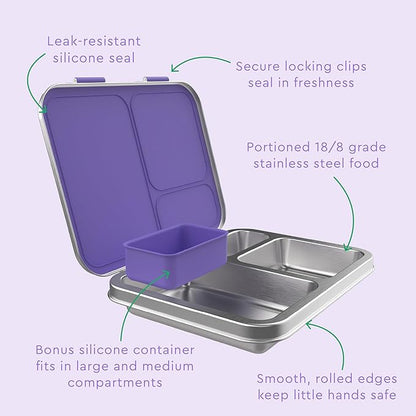 Bentgo Kids Stainless Steel Leak-Resistant Lunch Box - 3-Compartments with Bonus Silicone Container, Durable, Eco-Friendly, Dishwasher Safe, BPA-Free, Ideal for School, Ages 3+ (Purple)