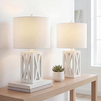 JONATHAN Y 21.5" White Farmhouse Wood Table Lamp for Bedside and Living Room, White Linen Drum Shade, Rustic Modern Desk Lamp for Bedroom, LED Bulb Included (JYL1062B-SET2)