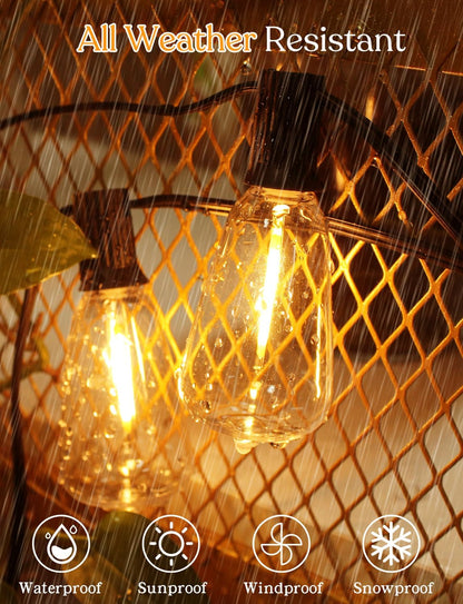 50 FT Outdoor String Lights - LED Waterproof Patio Lights with Dimmer Remote - Edison Bulbs for Porch, Backyard & Cafe/Bistro