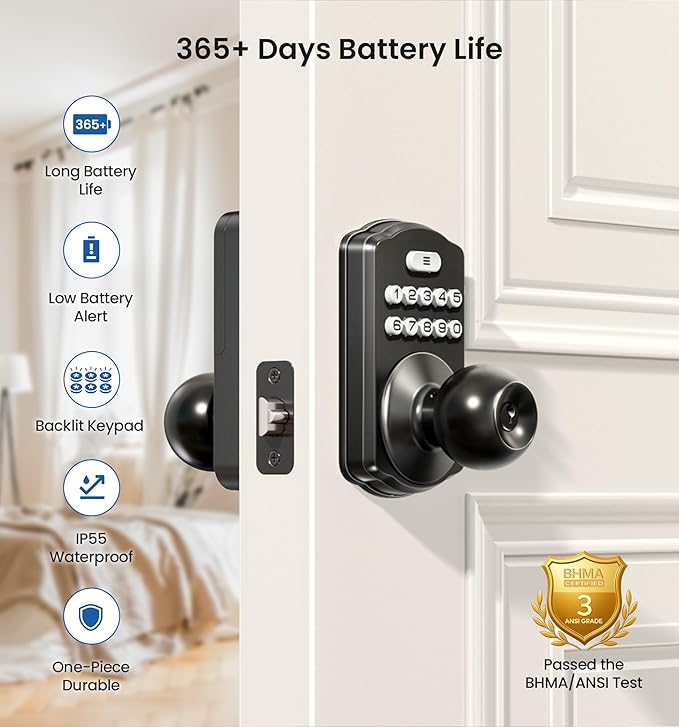 Veise Keypad Door Knob Lock, Keyless Entry Digital Lock with Handle, Electronic Smart Knob for Front Door & Bedroom, Easy Install, Auto Lock, Passage Mode, Anti-Peeping Password, Matte Black