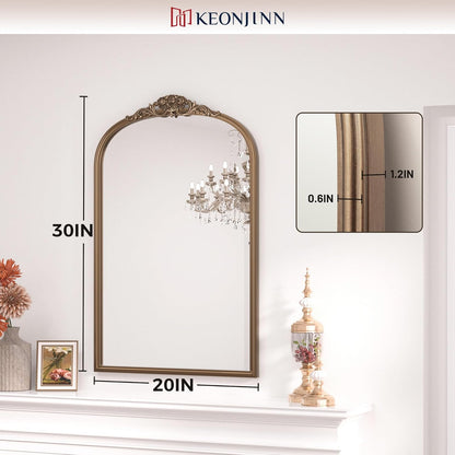 Keonjinn Vintage Gold Mirror 20" x 30", Arched Decorative Mirrors for Wall Decor, Antique Mirror Bathroom, Ornate Baroque Brass Mirror for Mantle, Entryway, Living Room, French Cleat Mounting