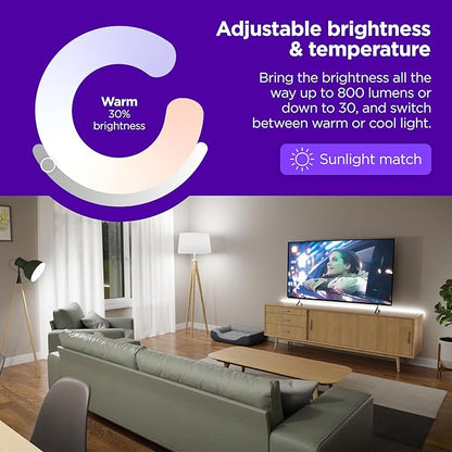 Roku Smart Light Bulbs (White, 4-Pack) - Dimmable A19 Lightbulbs with Adjustable Brightness & Temperature - WiFi Smart Bulbs Works with Roku Voice, Alexa & Google Assistant, No Hub Required