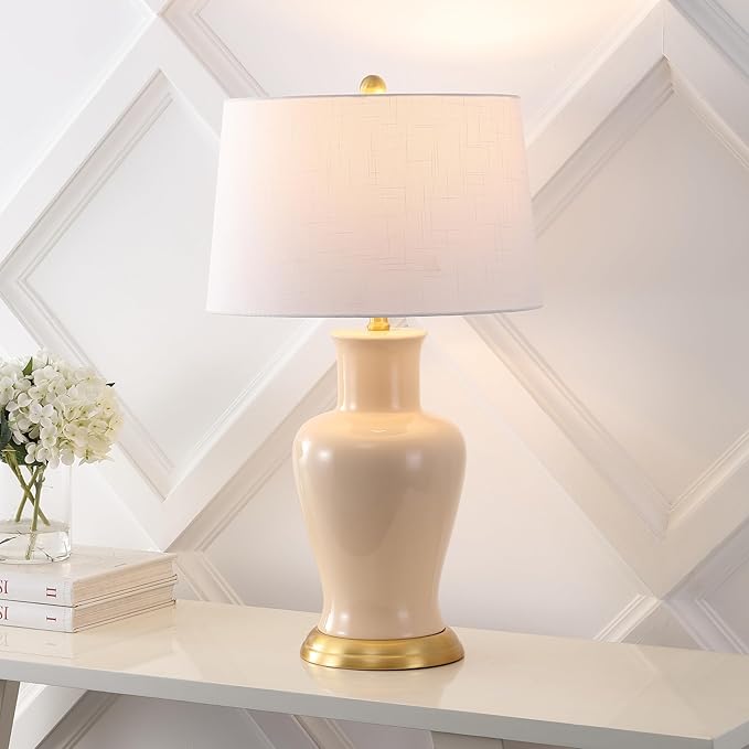 JONATHAN Y 29" Almond Traditional Ceramic Urn LED Table Lamp for Bedroom Decor, White Linen Drum Shade, Classic Nightstand Lamp for Living Room, LED Bulb Included (JYL4026D)