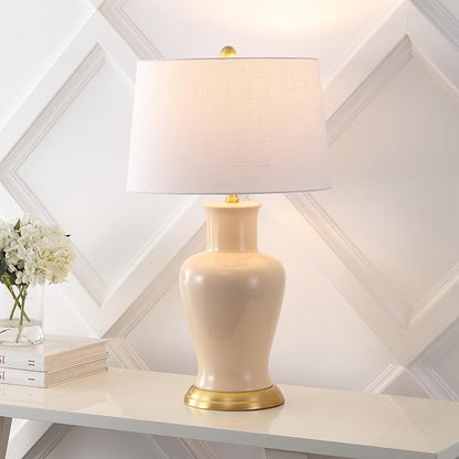JONATHAN Y 29" Almond Traditional Ceramic Urn LED Table Lamp for Bedroom Decor, White Linen Drum Shade, Classic Nightstand Lamp for Living Room, LED Bulb Included (JYL4026D)