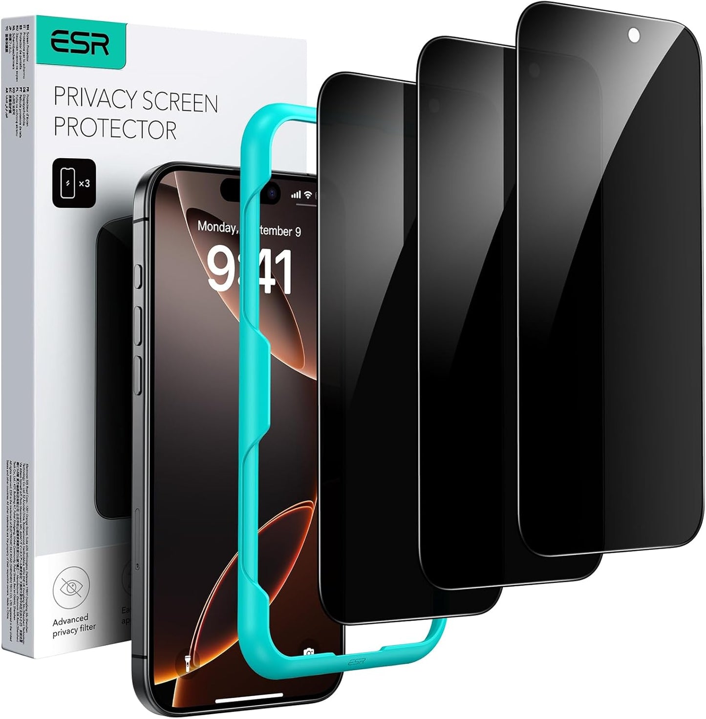 ESR 3 Pack for iPhone 16 Pro Privacy Screen Protector, Anti-spy Tempered-Glass Privacy Screen Protector with Easy Installation Tool, Micro-Curved Edges, Case Friendly