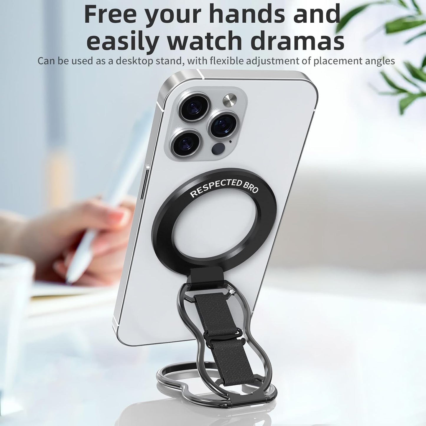 RESPECTED-BRO-Magnetic-Phone-Grip-Stand-with-Finger-Strap, 4-in-1 Magnetic Ring Holder, Kickstand and Elastic Strap for Smartphones, Universal Fit for iPhone, Android, and Cases (Black)