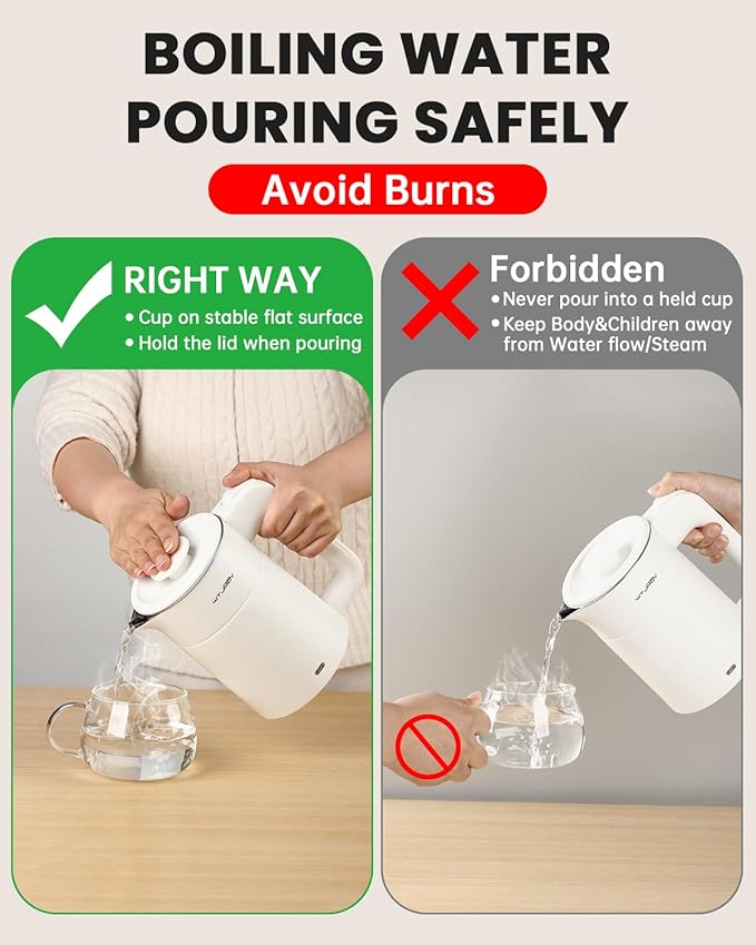 0.6L Small Electric Tea Kettle Lightweight, 20 Ounce Double Wall Hot Water Boiler Stainless Steel Auto Shut-off, 120V Portable Travel Electric Kettle Fast Boil for Tea and Coffee,White