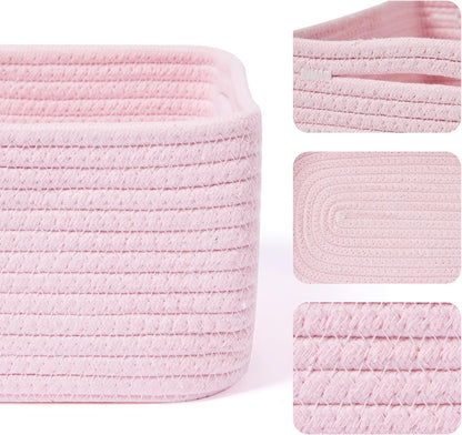 Small Storage Baskets for Organizing | Closet Organizer Bins | Shelf Toy Basket | Woven Rope Baskets | Cube Decorative Box | Shallow Basket | 13x8.5x5.1” | 3 Packs Pink