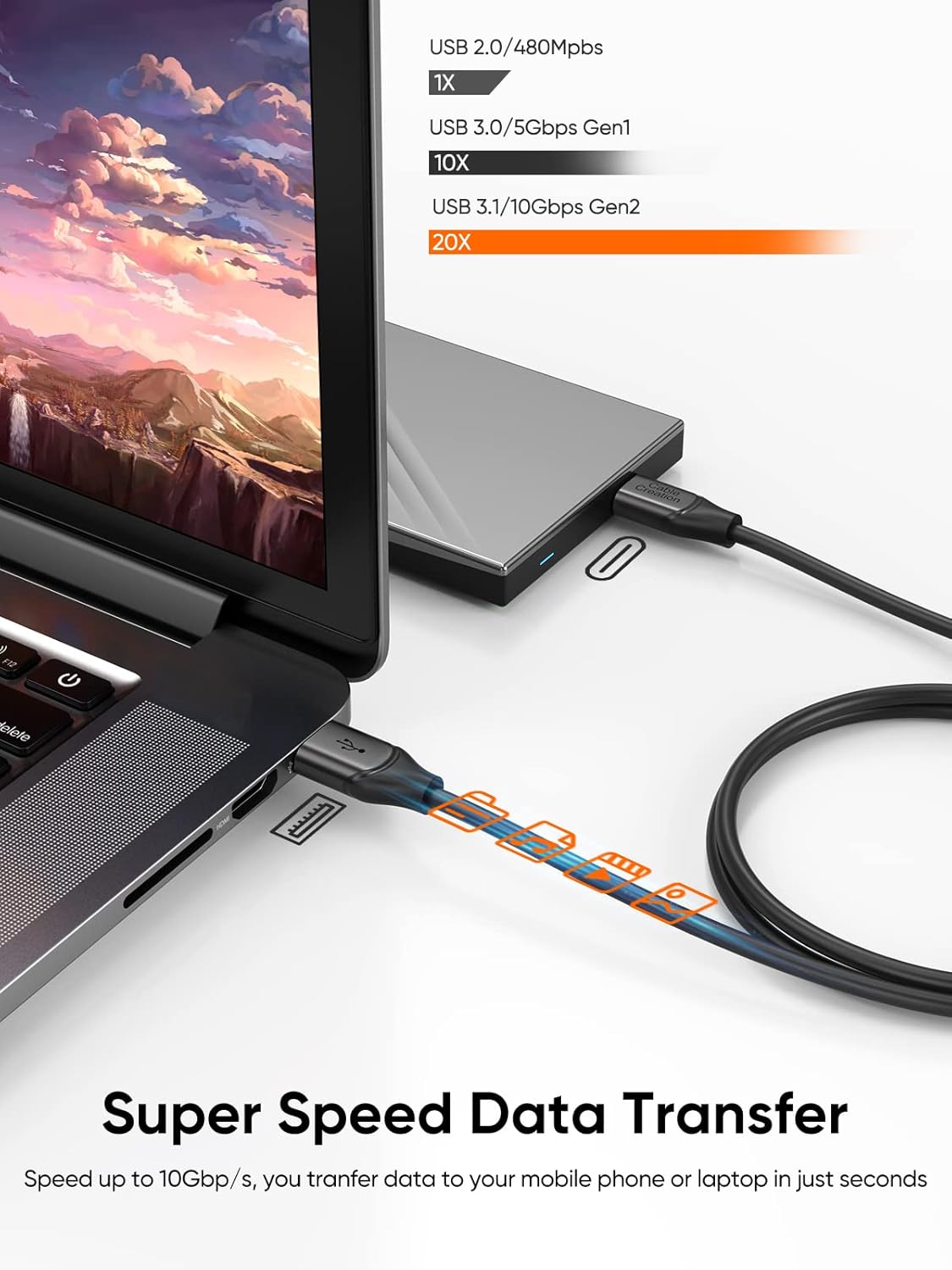 CableCreation USB C to USB A Cable 1FT 2Pack, USB-C to USB 3.1 USB 3.2 Gen2 10Gbps USB-A to C Data Cable, Android Auto Cable 3A for Type C External SSD MacBook Pro iPad S21, iPhone 15/16 Pro Max