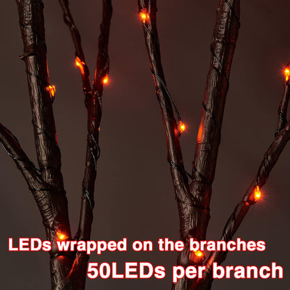 Fudios Halloween Lighted Branches with Timer 100 LED Orange Fairy Lights 32IN, Black Tree Branch Lights Battery Operated for Home Party Mantle Decoration