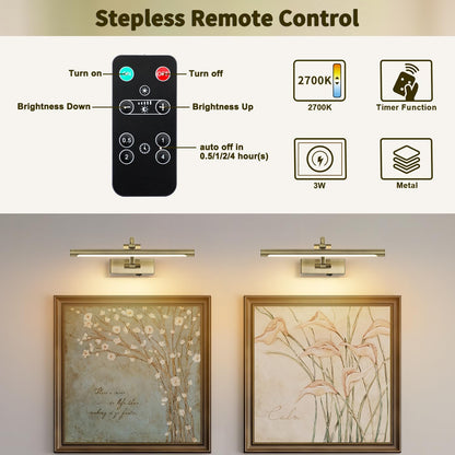 Wireless Picture Lights Rechargeable Gallery Lighting Battery Picture Frame Light with Remote and Timer, Adjustable Art Light for Paintings, Portraits, Antique Bronze Finish 16'' Inch 3W 2700K