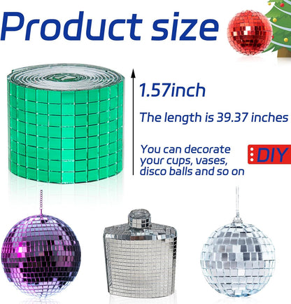 Green Self-Adhesive Glass Mirror Mosaic Tiles, 5 x 5 mm Square Mirror Tiles, 3200 Pieces Disco Ball Tiles for DIY Craft, 2 Rolls Disco Mirror Tiles for Interior, Art Collage, Card Making, Cups