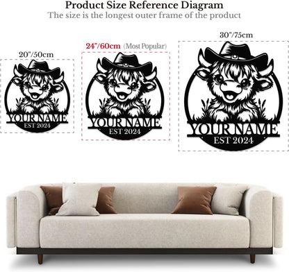 Personalized Highland Cow Name metal Signs,Custom Highland Cow Metal Shed Wall Decor,Black Metal Wall Art Plaques Outdoor wall Decorative Signage (Style A)