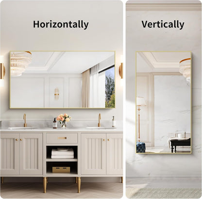 30x55In Gold Bathroom Mirror for Wall, Brushed Gold Rectangle Mirrors with Metal Frame, Bathroom Rectangular Mirror Modern Wall Mirror for Bedroom Living Room, Hangs Horizontal or Vertical