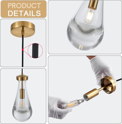 Raindrop Pendant Light Fixtures Set of 3, Brass Glass Pendant Lighting, Teardrops Modern Hanging Light for Entryway Foyer Kitchen Island Dining Living Room Hallway