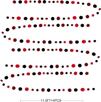 46Ft Buffalo Plaid Polka Dot Garlands Black Red Checkered Paper Circle Dot Streamer Banner for Baby Shower Bridal Shower Birthday Bachelorette Christmas Holiday Halloween Party Decorations Supplies