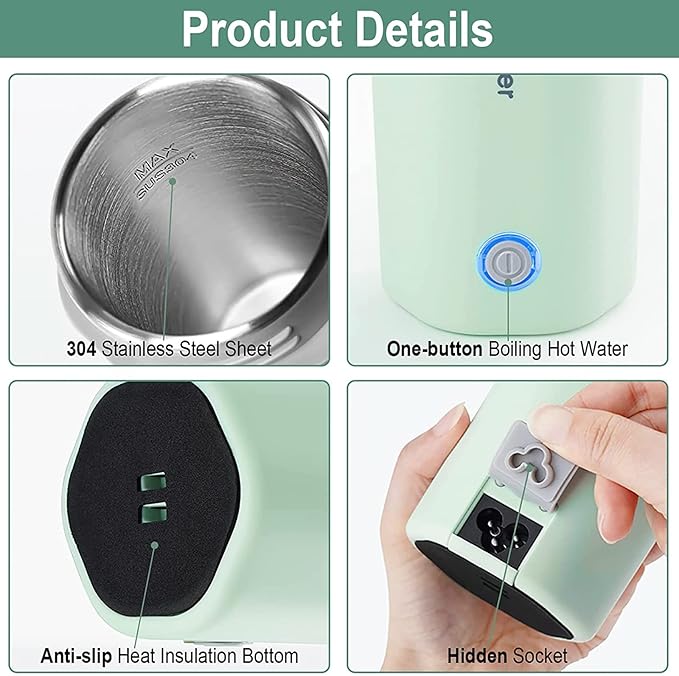 Electric Travel Kettle, Portable Electric Kettle, Mini Hot Water Boiler, Small Travel Tea Kettle Fast Boiling Water, One Cup Hot Water Maker, 350ml-Green
