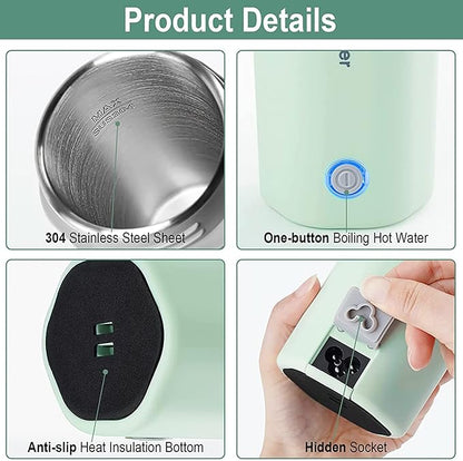 Electric Travel Kettle, Portable Electric Kettle, Mini Hot Water Boiler, Small Travel Tea Kettle Fast Boiling Water, One Cup Hot Water Maker, 350ml-Green
