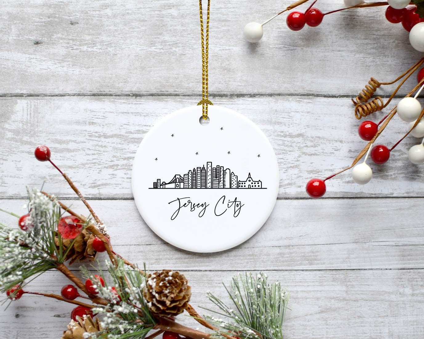 Andaz Press Round Ceramic Porcelain Christmas Tree Ornament Keepsake Gift, Jersey City, Black and White Stars City Skyline Graphic, 1-Pack, Birthday Ideas Family Coworker Him Her, Includes Gift Box