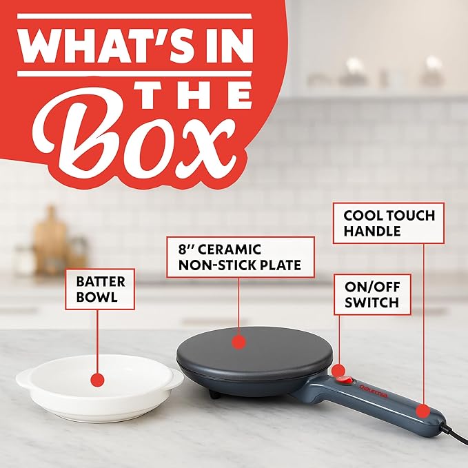 Gourmia 8” Electric Crepe Maker – Nonstick Ceramic Surface, One-Touch Operation, Includes Batter Tray, Compact & Easy to Clean, Crepe, Pancake & Tortilla Maker