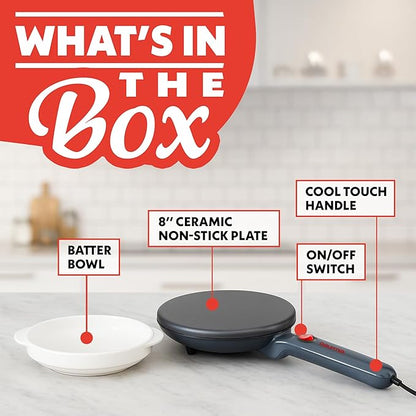 Gourmia 8” Electric Crepe Maker – Nonstick Ceramic Surface, One-Touch Operation, Includes Batter Tray, Compact & Easy to Clean, Crepe, Pancake & Tortilla Maker
