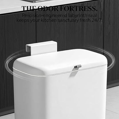 MUEE Hanging Compost Bin [2.3 Gal Max Volume] Heavy Duty Scrap Collector for 4-5 Person Households - Under Cabinet Large Trash Can with Slide Lid for RV & Heavy Prep - Matte White