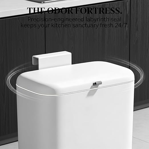 MUEE Hanging Compost Bin [1.3 Gal Solo Size] Food Scraps Collector with Slide Lid - Under Cabinet Small Trash Can for Coffee Station, RV & Studio Apartment - Matte White