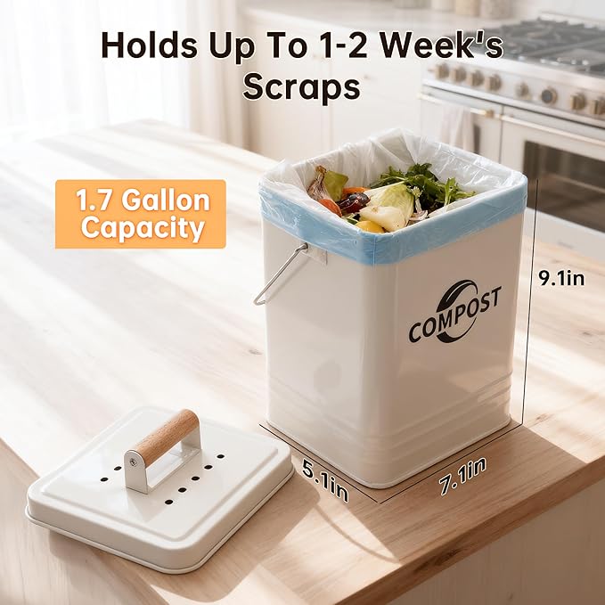 Kitchen Compost Bin, 1.7 Gallon Countertop Compost Bin with Lid and Charcoal Filter, Kitchen Composter for Food Waste, Rust Proof Indoor Bucket, White