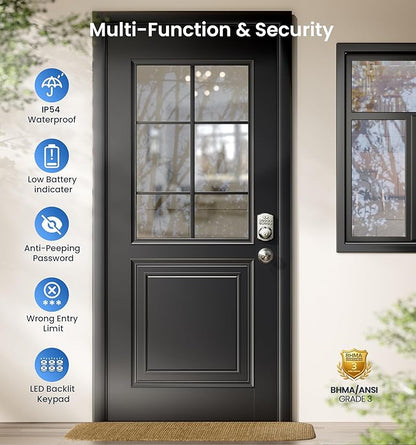 Veise Fingerprint Door Lock with 2 Knobs - Keyless Entry Door Lock with Handle, Electronic Keypad Deadbolt, Smart Front Handle Set, Auto-Locking, Waterproof, Easy Installation, Satin Nickel