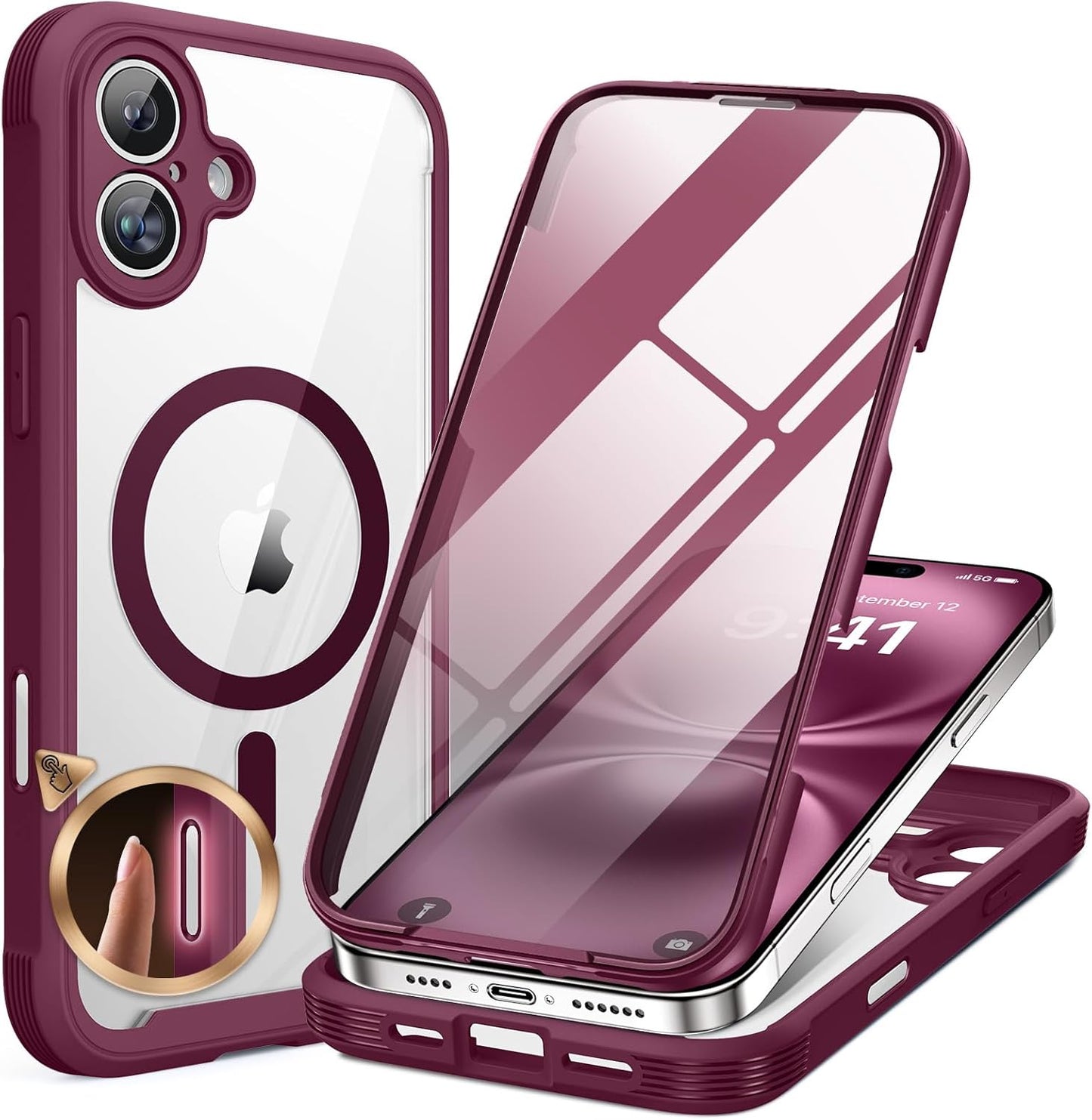 Miracase Magnetic for iPhone 16 Plus Case Full-Body Phone with Built-in Glass Screen Protector, [Compatible with MagSafe] Military Drop Proof 16 Plus Cover 6.7 inch, Plum