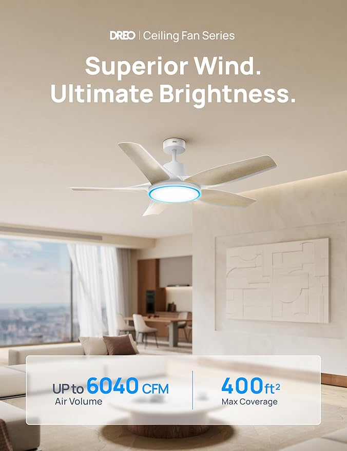 Dreo Smart Ceiling Fans with Lights, Low Profile Ceiling Fan with Alexa/App, 52'' Dimmable Lighting & Color Tuning, RGB Ambient Light for Living Room, Game Room, Easy Installation, Quiet, White