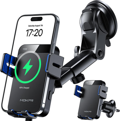 MOKPR Wireless Car Charger, 15W Auto Clamping Car Charger Dash Windshield Air Vent Phone Holder Compatible with iPhone 16 15 14/13/13 Pro/12 pro/12/11/X/8, Samsung S24/S23/S22, Blue